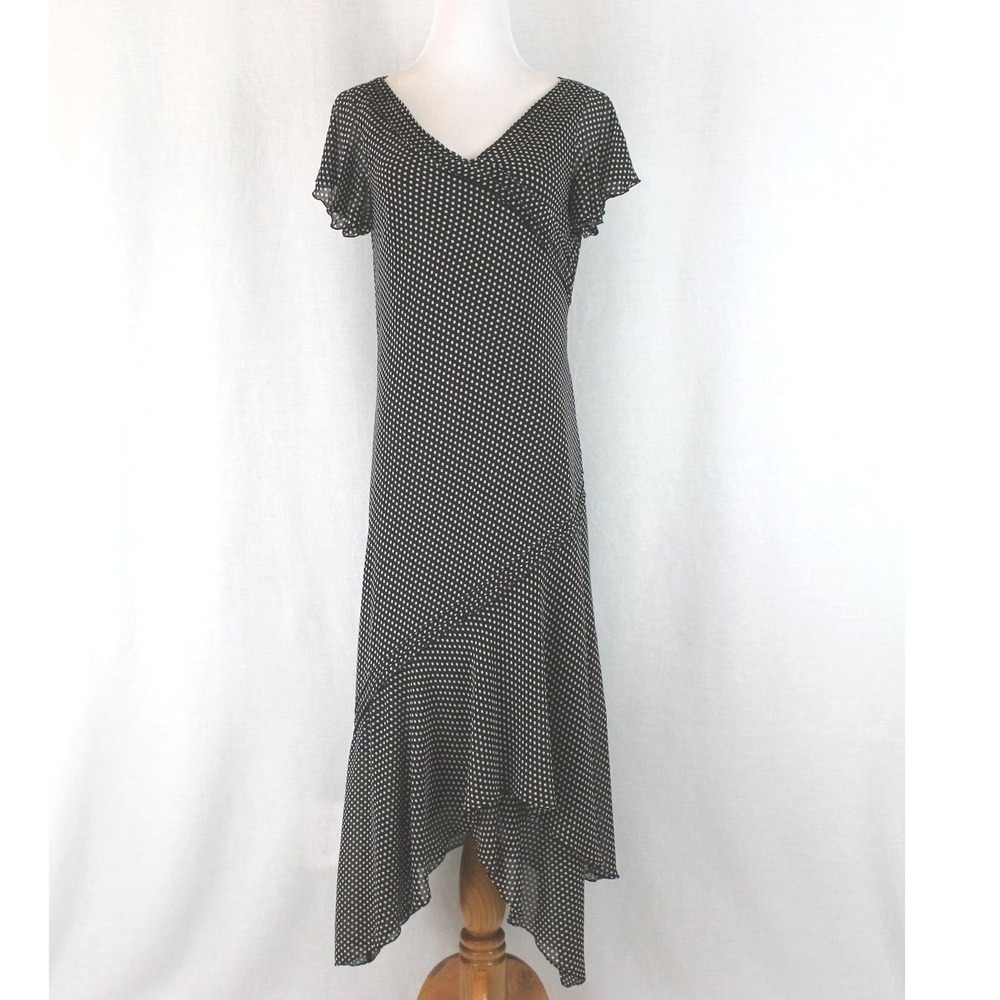 VTG Adrianna Papell Silk Grey White Polka Dot Midi Dress Flutter Sleeve Size 10